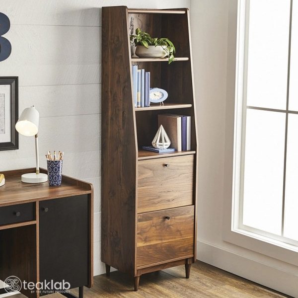 3 Shelf Narrow Bookcase with 2 Drawers, Vintage Walnut Finish - Image 2