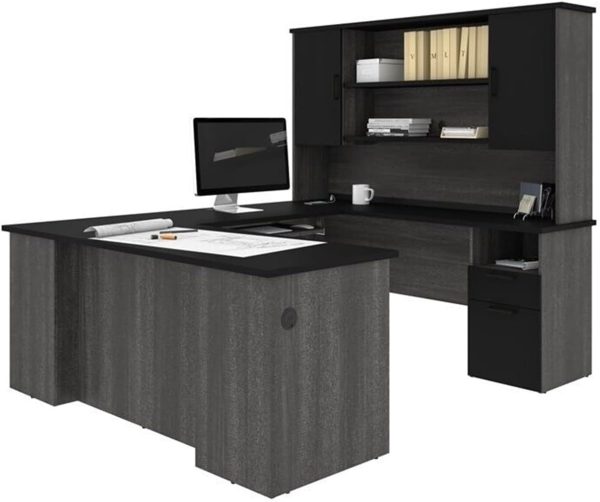 New Contemporary Grey U Shaped Computer Desk Storage Wood Table Hutch Furniture Corner Drawer Series Cabinet Shelves Business Home Office Workstation 88.4" L x 71" W x 70" H of Set