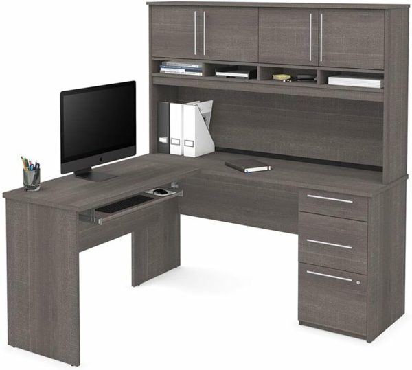 New Modern Grey L Shaped Computer Desk Hutch Furniture Storage Wood Table Corner Drawers Series Cabinet Shelves Business Home Office Workstation 59''L x 59.8'' W x 66.4''H of Set