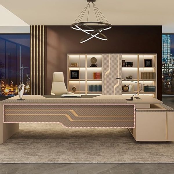 Modern Large Executive Office Desk Business Furniture Desk Workstation Computer Tables Luxury L Shaped Home Office Desks with Drawers, Cable Management, Light Strip, Password Lock