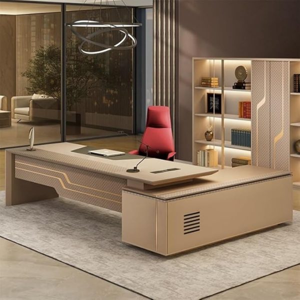 Modern Large Executive Office Desk Business Furniture Desk Workstation Computer Tables Luxury L Shaped Home Office Desks with Drawers, Cable Management, Light Strip, Password Lock - Image 4