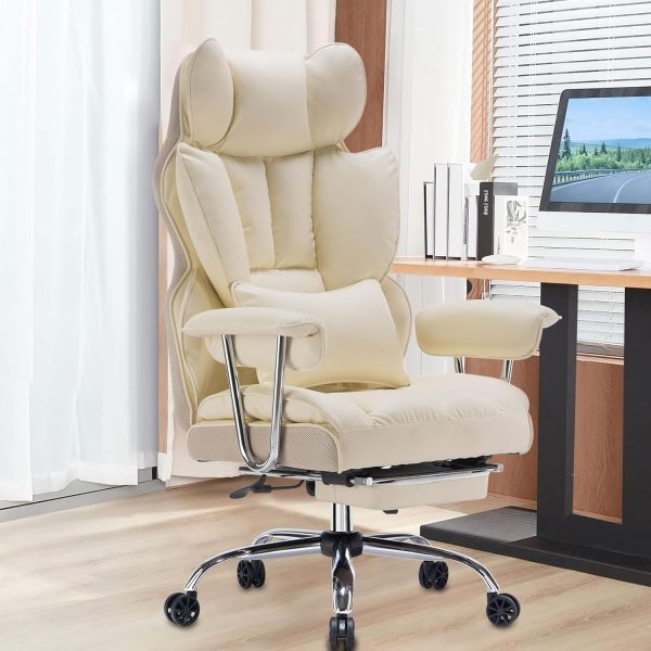 Desk Office Chair 400LBS, Big and Tall Office Chair, PU Leather Computer Chair, Executive Office Chair with Leg Rest and Lumbar Support, Beige Office Chair