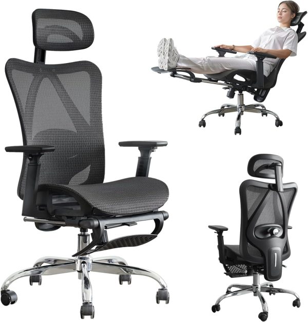 Ergonomic Office Chair, SGS Certified Gas Cylinder, Home Office Furniture Sets,Office Chair with Adjustable Lumbar Support, Retractable Footrest, Mesh Office Chair Gaming Chair