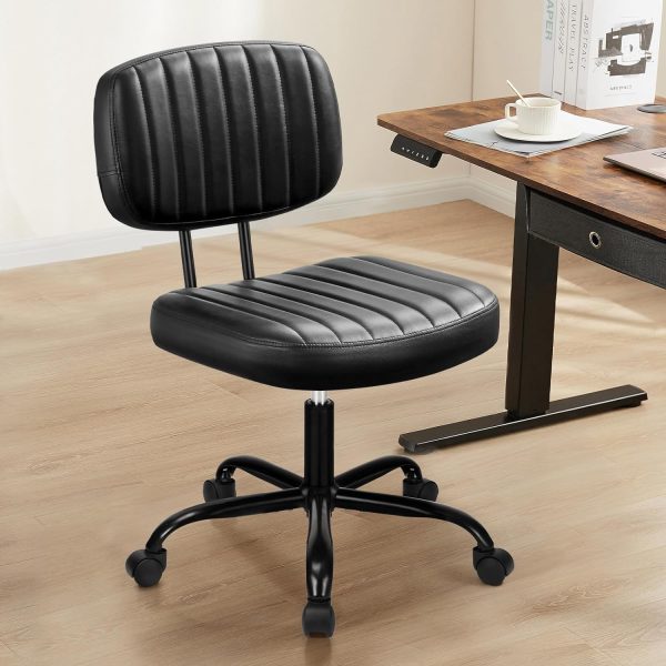 Sweetcrispy Small Office Computer Desk Chair with Wheels and Lumbar Support, Comfy Cute Armlees PU Leather Vanity Rolling Swuvel Task Chair No Arm for Adult, Student