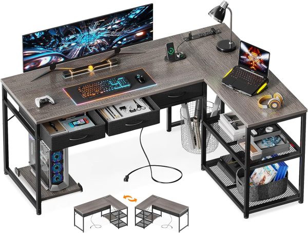 53 Inch L Shaped Computer Desk with Fabric Drawers, Corner Desk with Power Outlets & Movable CPU Stand, Reversible Storage Shelves for Home Office, Gaming Desk, Oak Grey