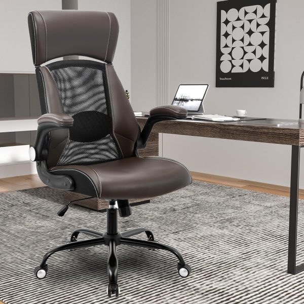 Home Office Chair, Ergonomic Desk Chair with Lumbar Support，Executive Leather Computer Chair-Widened Adjustable Headrest with Flip-Up Arms, High Back Rolling Swivel Task Chair (Brown)