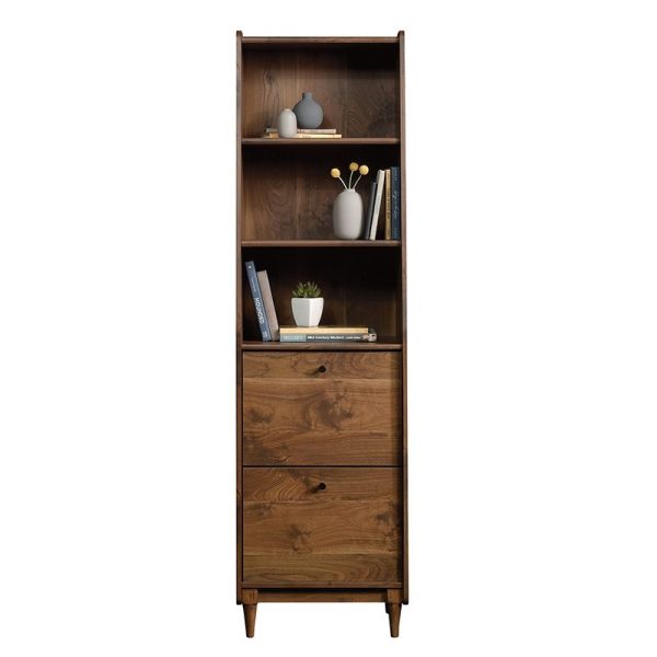 3 Shelf Narrow Bookcase with 2 Drawers, Vintage Walnut Finish