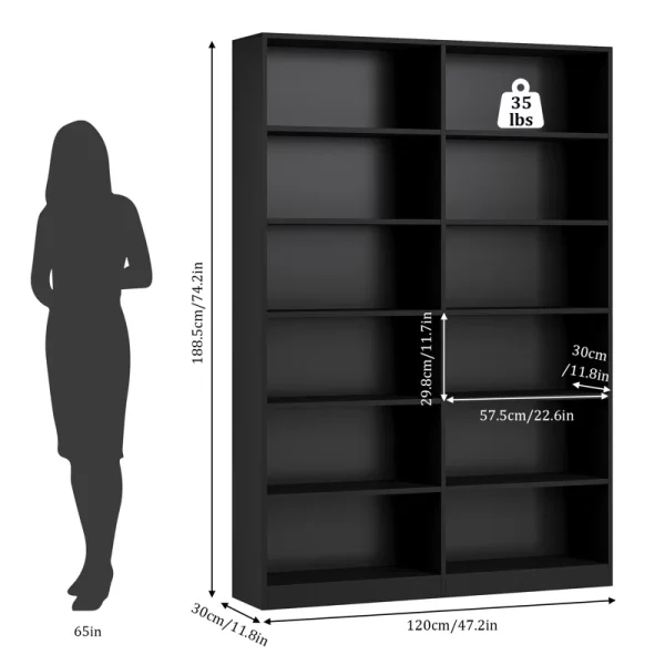 74.3"H X 47.2"W Wood Double 6-Tier Standard Bookcase - Image 3