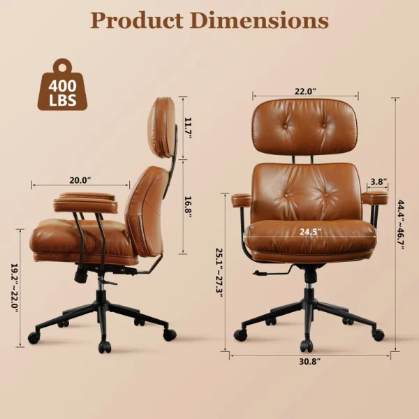 Albaugh Ergonomic Home Office Chair with Headrest, Large Executive Chair for Heavy Duty People, Mid-Century Big and Tall Lether Chair with Lumbar Support, Computer Desk Task Chair for Home - Image 2