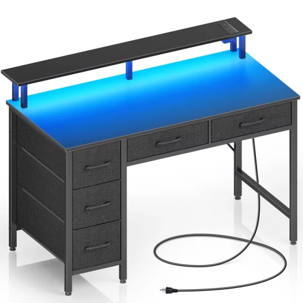 Linze Computer Desk with Drawers and Monitor Shelf, Gaming Desk with RGB LED Lights & USB Ports - Image 3