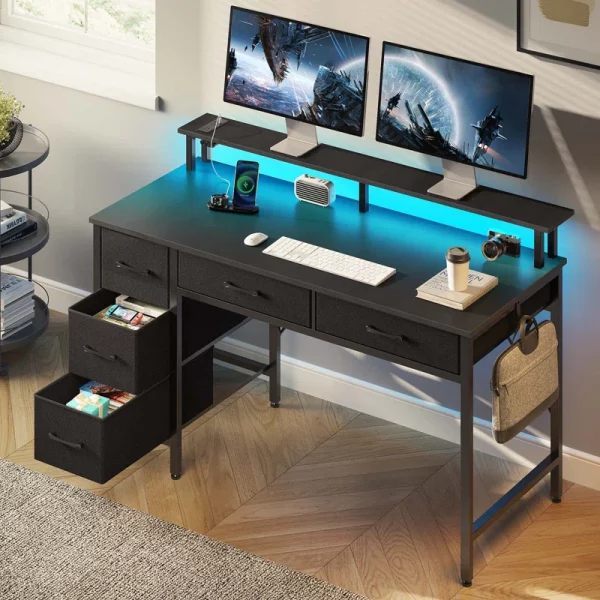 Linze Computer Desk with Drawers and Monitor Shelf, Gaming Desk with RGB LED Lights & USB Ports - Image 4