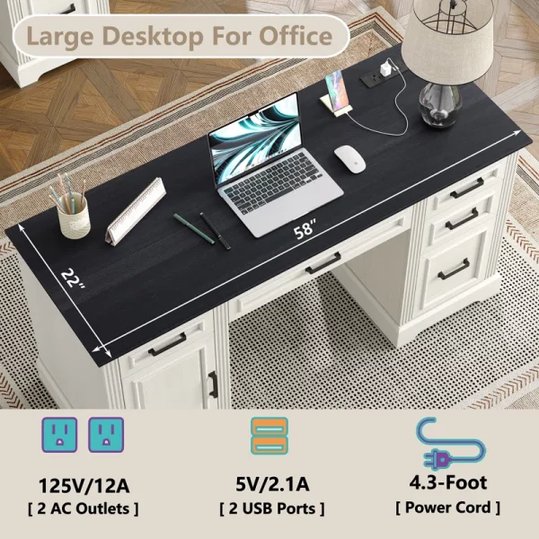 Tyshekia 58'' W Computer Desk with Outlet and 5 Drawers,Large Storage Cabinet for Home Office - Image 7